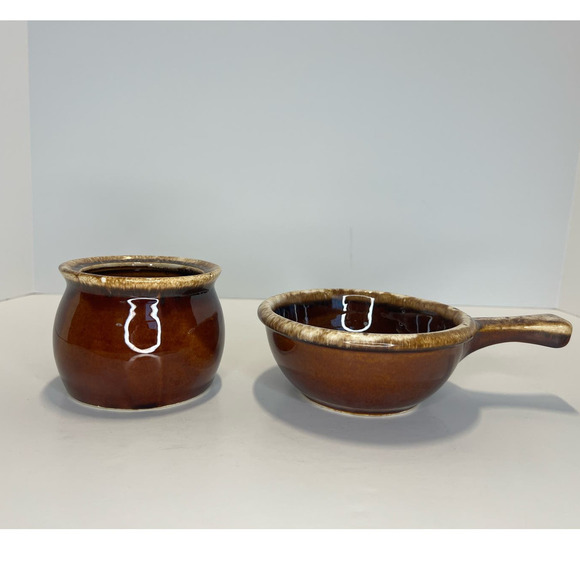 Vintage Hull Pottery Co Brown Drip Glaze, Mini Crock & Chilli Bowl Lot - Picture 1 of 15